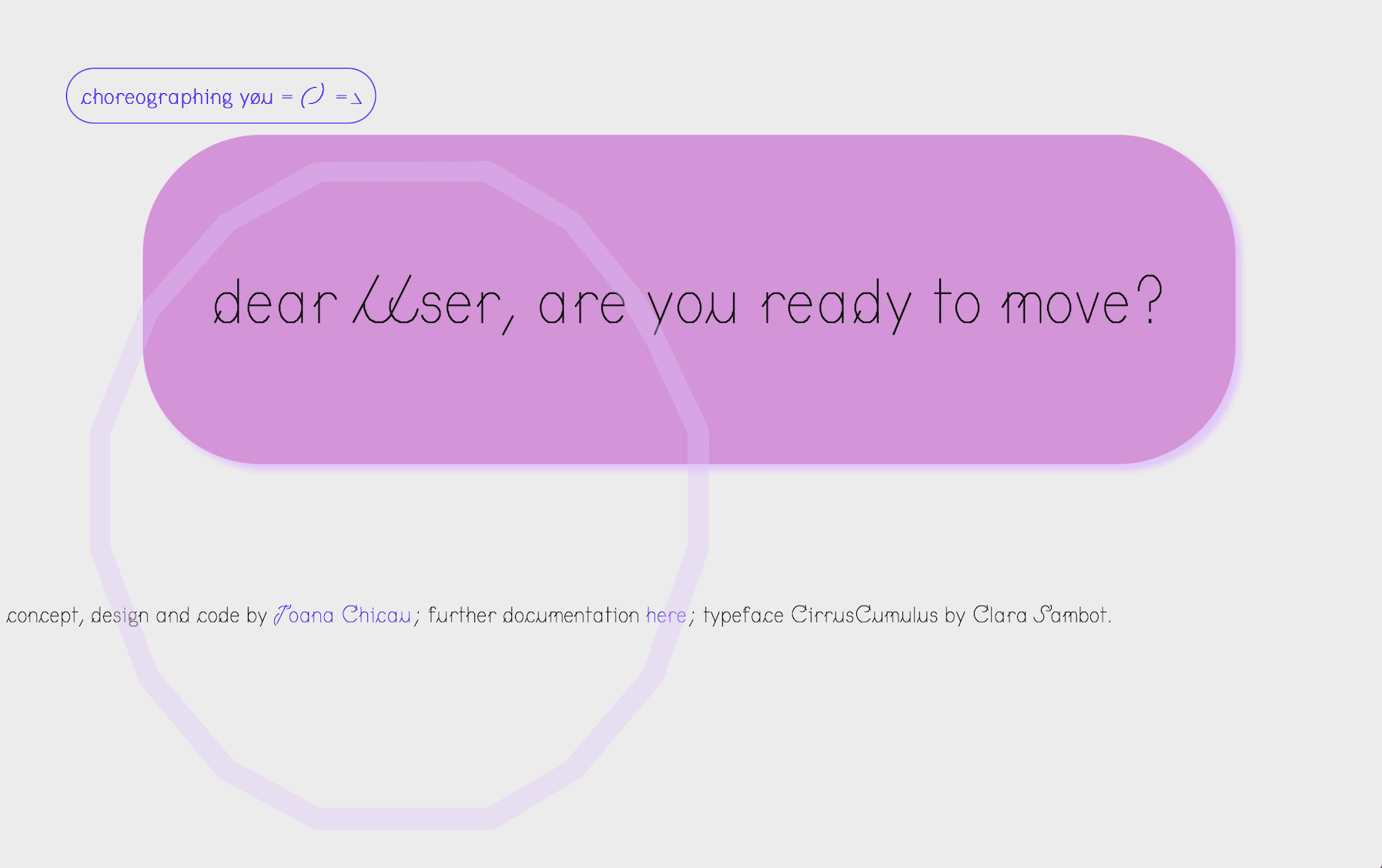 image displaying an animated gif showing the artwork, with text in gray over pink background saying: Dear User, are you ready to move?